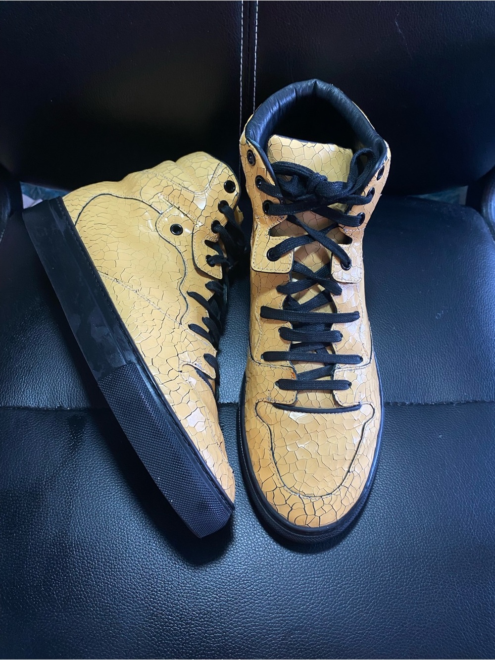 Balenciaga Arena Cracked-Leather High-Top Sneakers Mustard Yellow 39/6 US